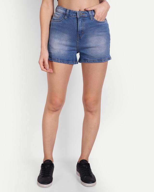 Shop Meghz Women's Blue Washed Denim Shorts-Front