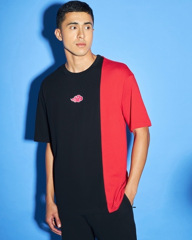 Shop Men's Red & Black Rougue Ninja Color Block Oversized T-shirt-Front
