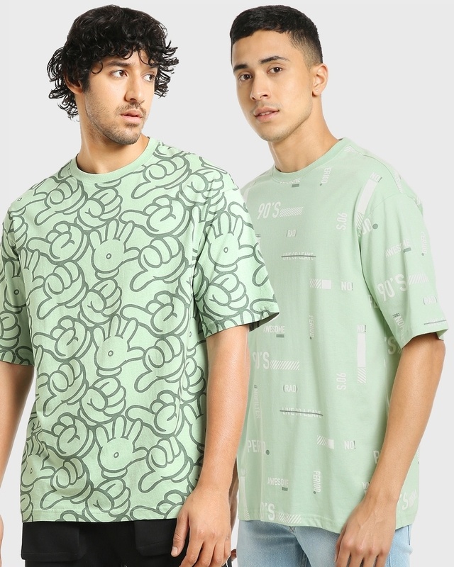 Shop Men's Green All Over Printed Oversized T-shirt (Pack of 2)-Front