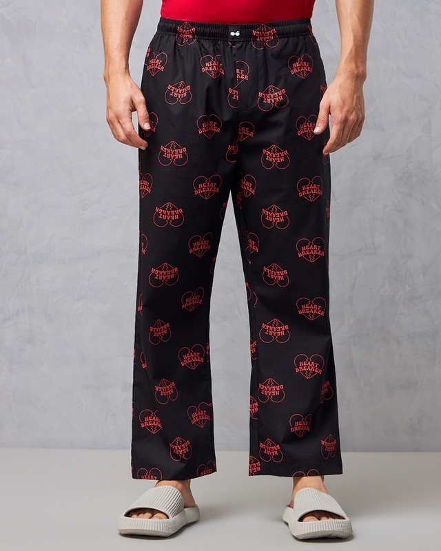 Shop Men's Black All Over Printed Pyjamas-Front