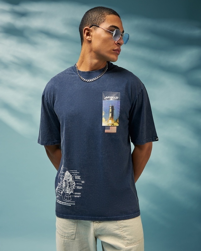 Shop Men's Blue Apollo Graphic Printed Oversized T-shirt-Front