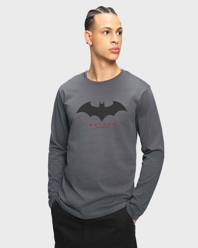 Shop Men's Grey Batman Logo Graphic Printed Oversized T-shirt-Front