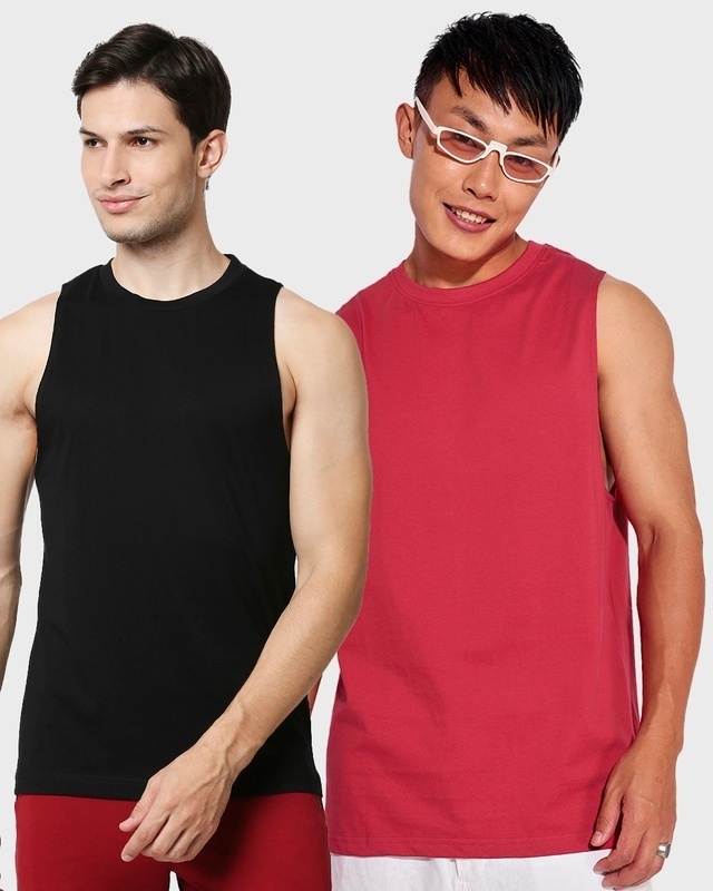 Shop Men's Black & Red Deep Armhole Oversized Vest (Pack of 2)-Front