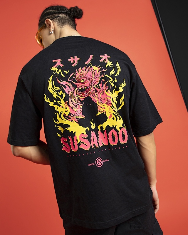 Shop Men's Black Itachi X Susanoo Graphic Printed Oversized T-shirt-Front