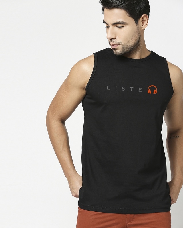 Shop Men's Black Keep Listening Typography Vest-Front