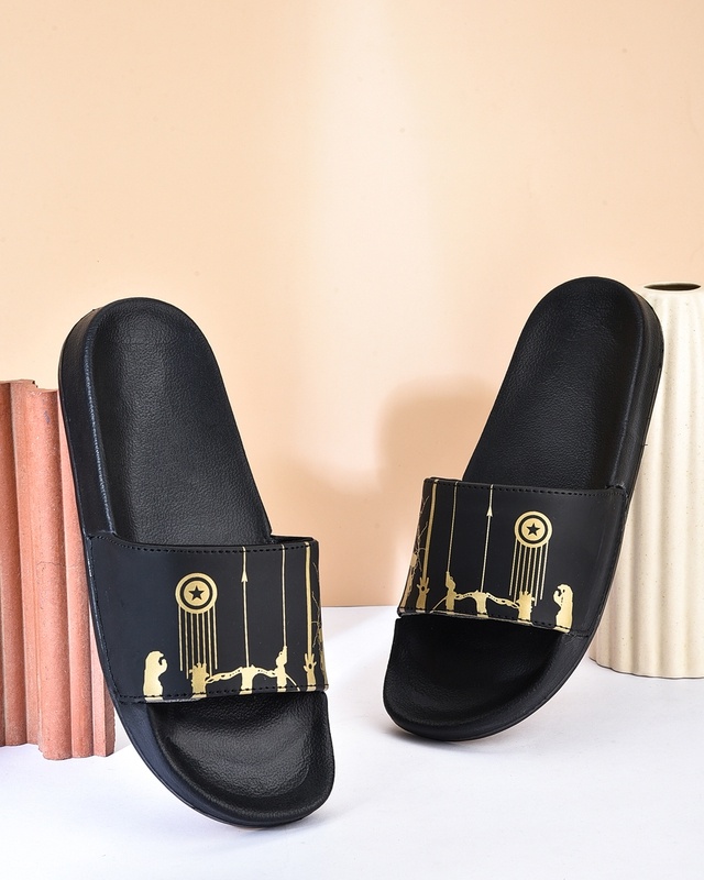 Shop Men Black Marvle Graphic Printed Sliders-Front
