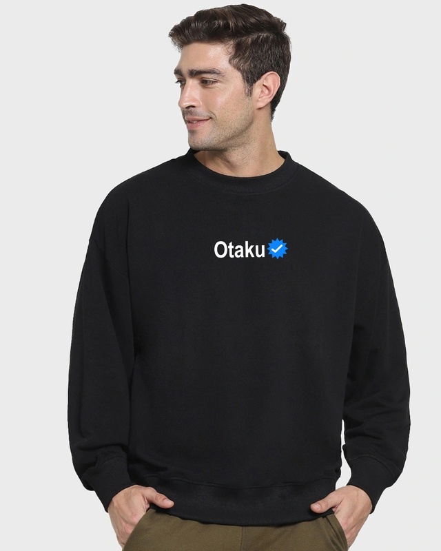 Shop Men's Black Otaku Typography Oversized Sweatshirt-Front