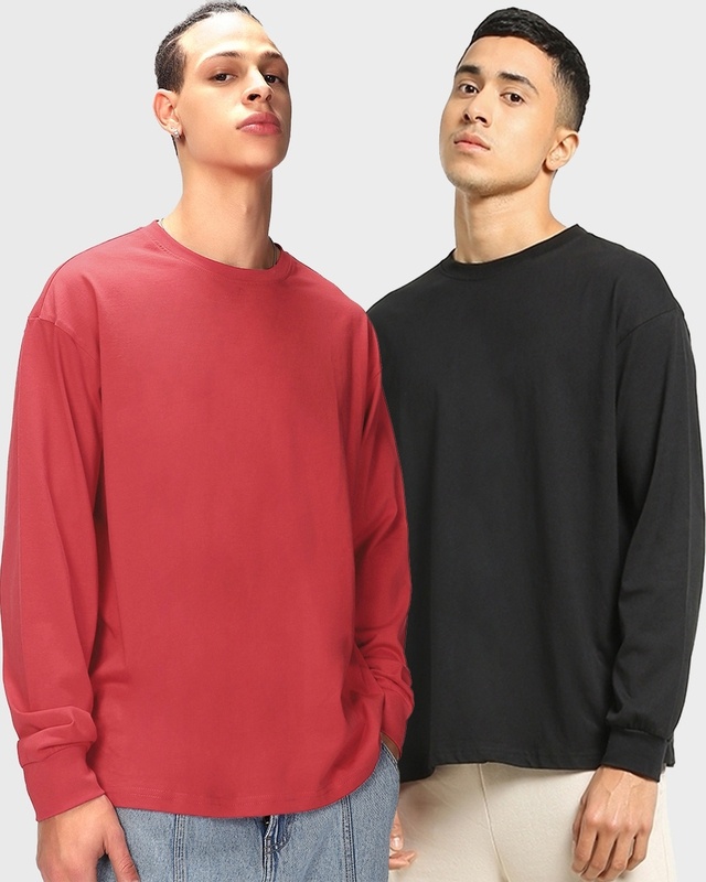 Shop Pack of 2 Men's Red & Black Oversized T-shirt-Front