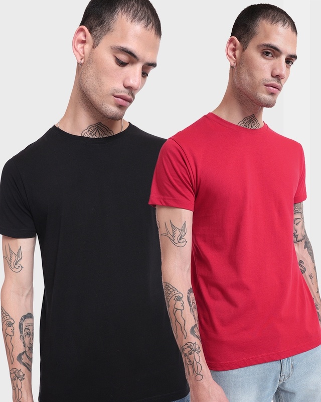 Shop Pack of 2 Men's Black & Red T-shirt-Front