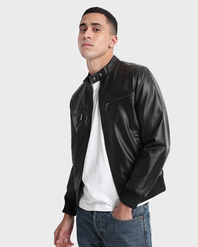Shop Men's Black PU Jacket-Front