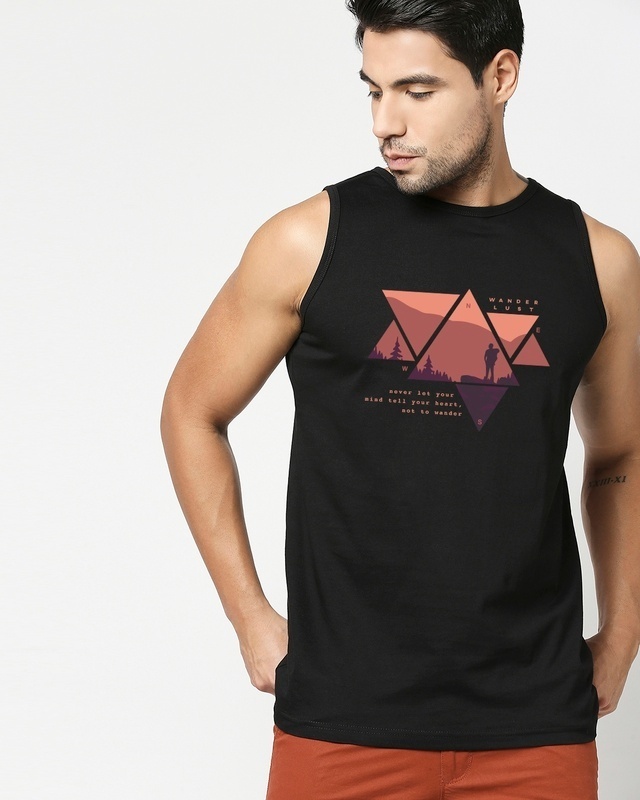 Shop Men's Black Wander Geometry Graphic Printed Vest-Front