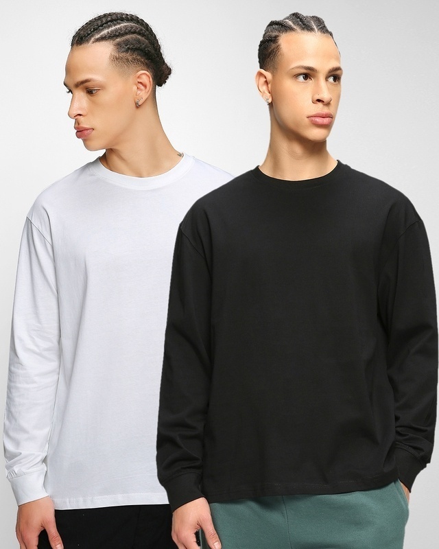 Shop Pack of 2 Men's White & Black Oversized T-shirt-Front