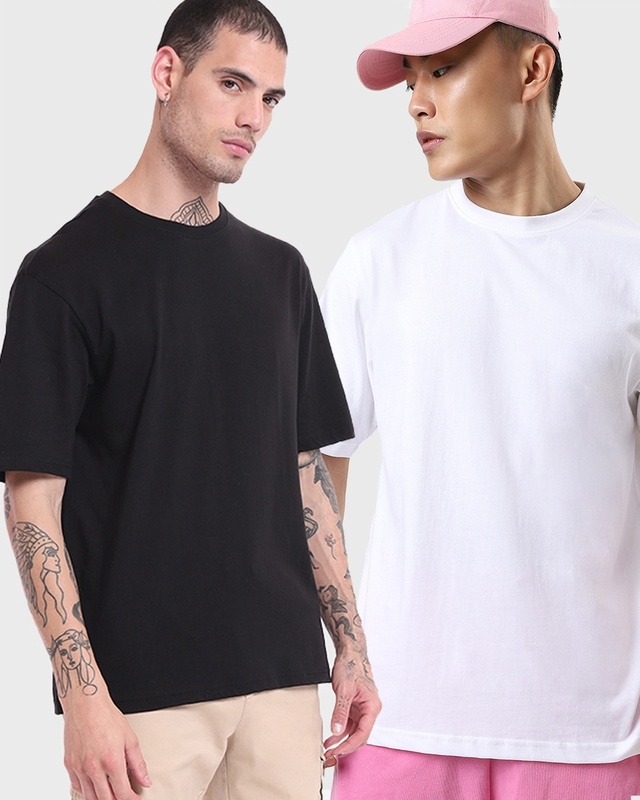 Shop Pack of 2 Men's Black & White Oversized T-shirt-Front