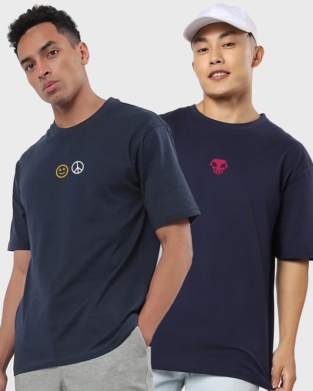 Shop Men's Navy Blue Graphic Printed Oversized T-shirt (Pack of 2)-Front