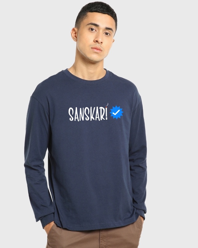 Shop Men's Blue Sanskari Typography Oversized T-shirt-Front