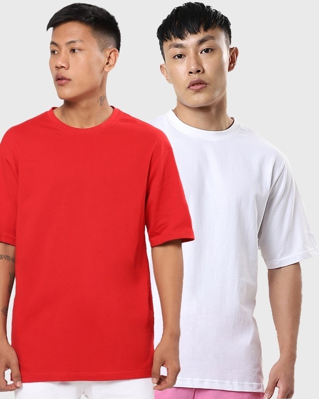 Shop Men's Red & White Oversized Combo T-shirt (Pack of 2)-Front