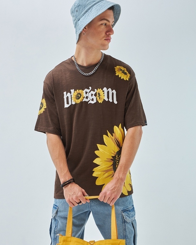 Shop Men's Brown Blossom Graphic Printed Oversized T-shirt-Front