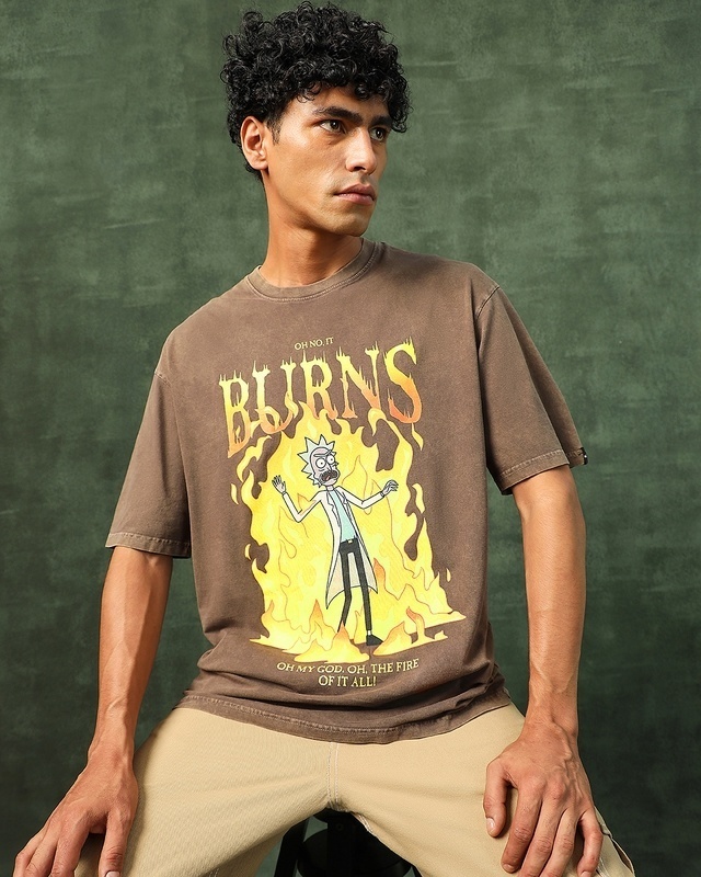 Shop Men's Brown Burns Rick Graphic Printed Oversized Acid Wash T-shirt-Front
