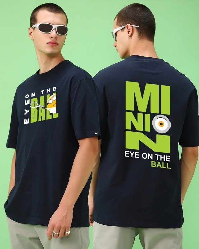 Shop Men's Navy Blue Eye On The Ball Typography Oversized T-shirt-Front