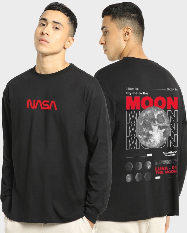 Shop Men's Black Fly Me To The Moon Typography Oversized T-shirt-Front