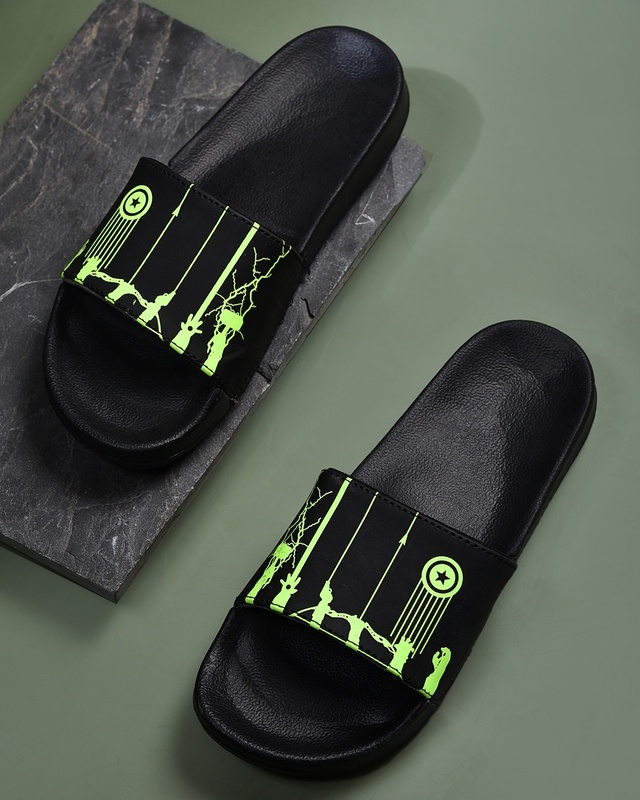 Shop Men Green Marvel Graphic Printed Sliders-Front