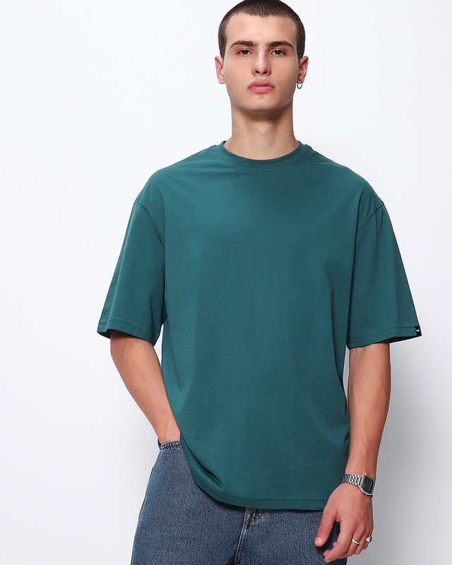 Shop Men Green Super Loose Fit T-shirt-Front