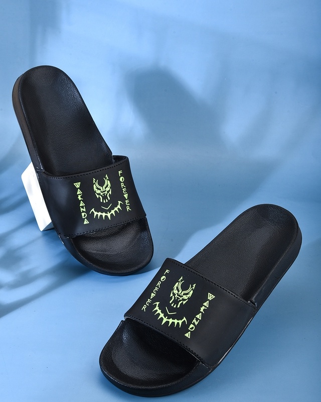 Shop Men Green Wakanda Forever Graphic Printed Sliders-Front