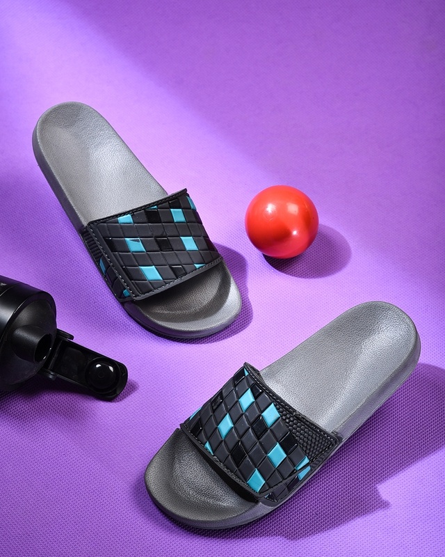 Shop Men Grey Color Block Velcro Sliders-Front