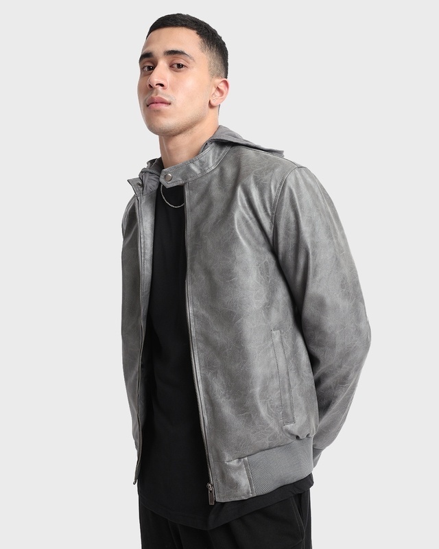 Shop Men's Grey Hooded PU Jacket-Front