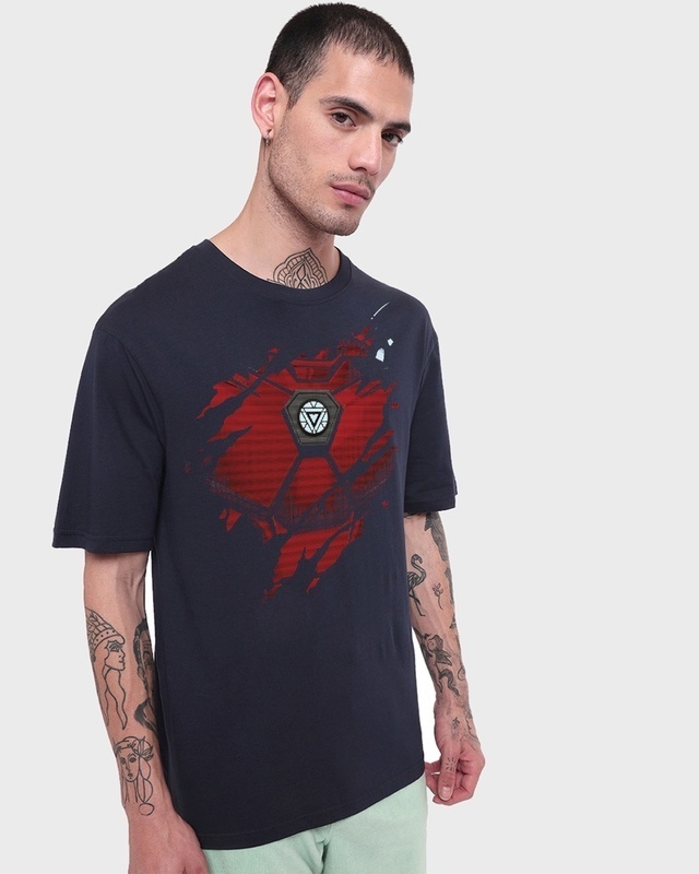 Shop Men's Blue Iron Man Of War Graphic Printed Oversized T-shirt-Front