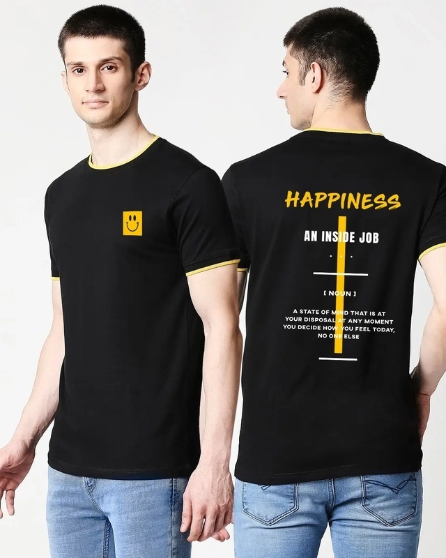 Shop Men's Black Happy State Typography Varsity T-shirt-Front