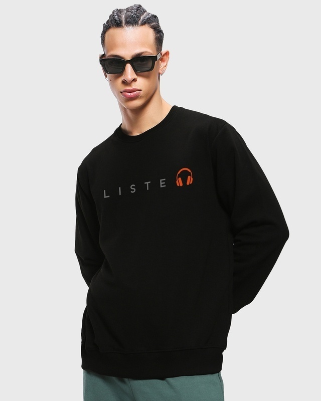 Shop Men's Black Keep Listening Typography Sweatshirt-Front