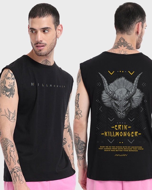 Shop Men's Black Killmonger Graphic Printed Oversized Vest-Front