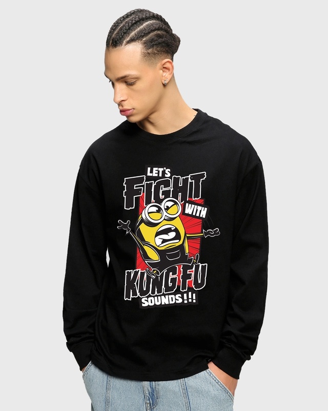 Shop Men's Black Kung Fu Sounds Graphic Printed Oversized T-shirt-Front