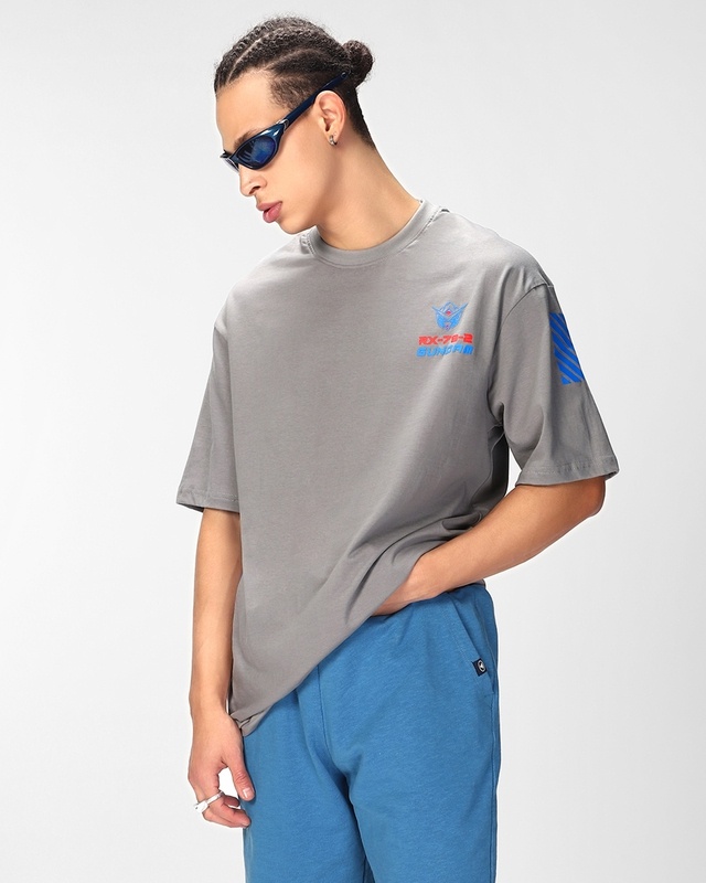 Shop Men's Grey Gundam Mobile Suit Graphic Printed Oversized T-shirt-Front