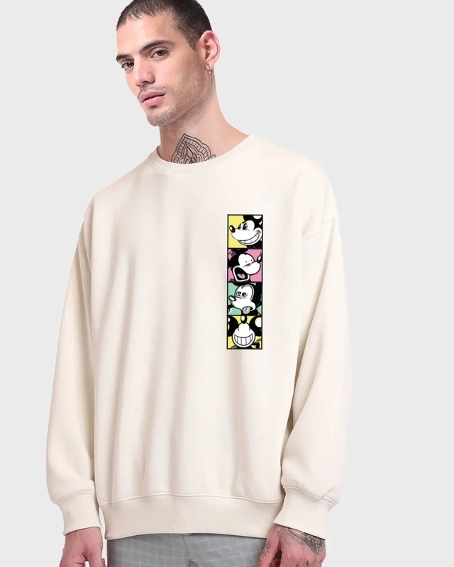 Shop Men's Gardenia Mickey Faces Graphic Printed Oversized Sweatshirt-Front