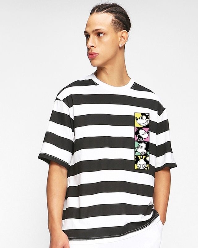Shop Men's Black & White Mickey Faces Striped Oversized T-shirt-Front