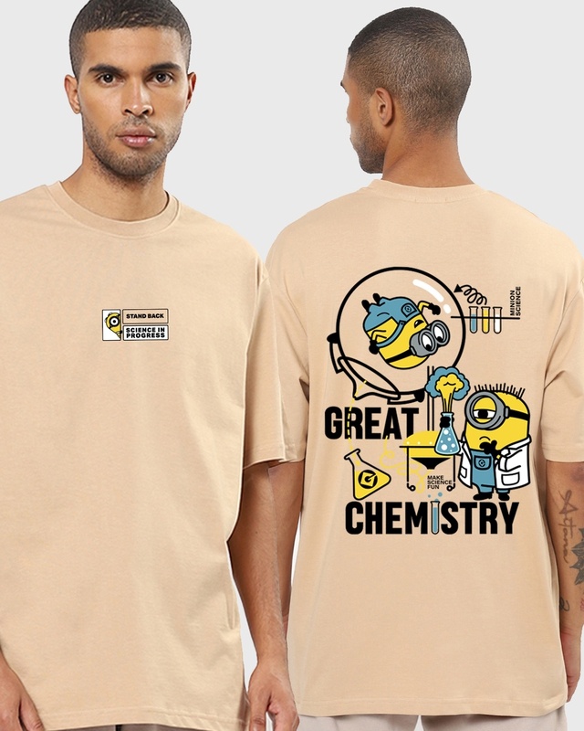 Shop Men's Brown Minions Great Chemistry Graphic Printed Oversized T-shirt-Front