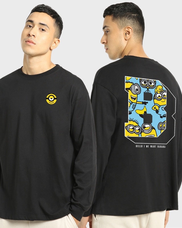 Shop Men's Black Minions Me Want Banana Graphic Printed Oversized T-shirt-Front