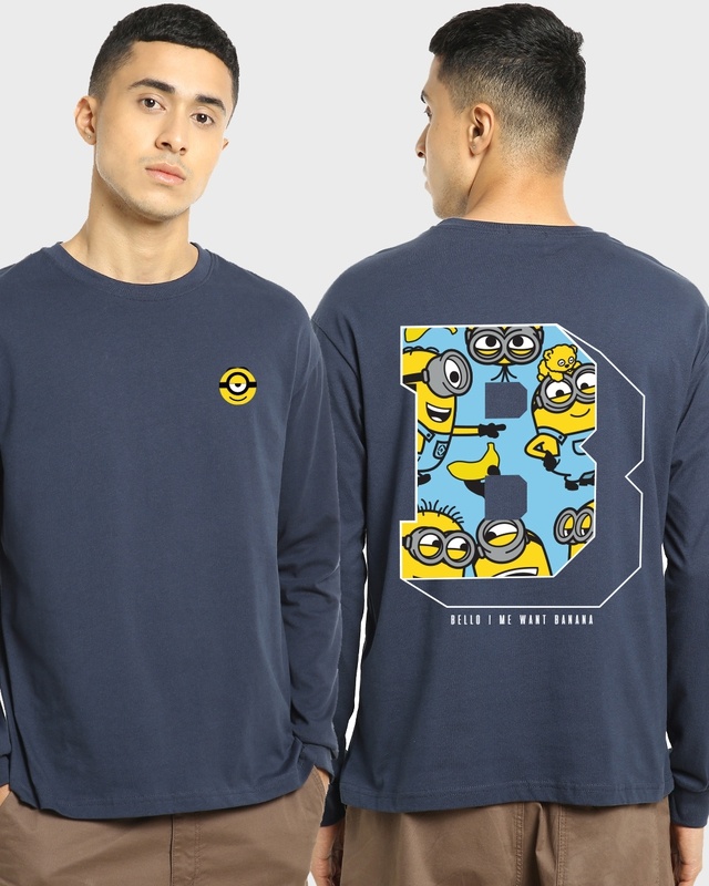 Shop Men's Blue Minions Me Want Banana Graphic Printed Oversized T-shirt-Front
