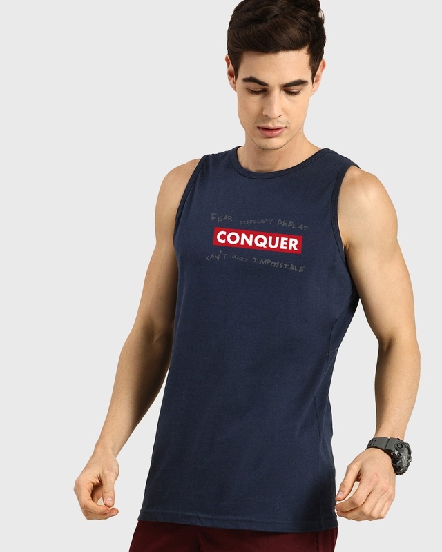 Shop Men's Blue Conquer Typography Vest-Front