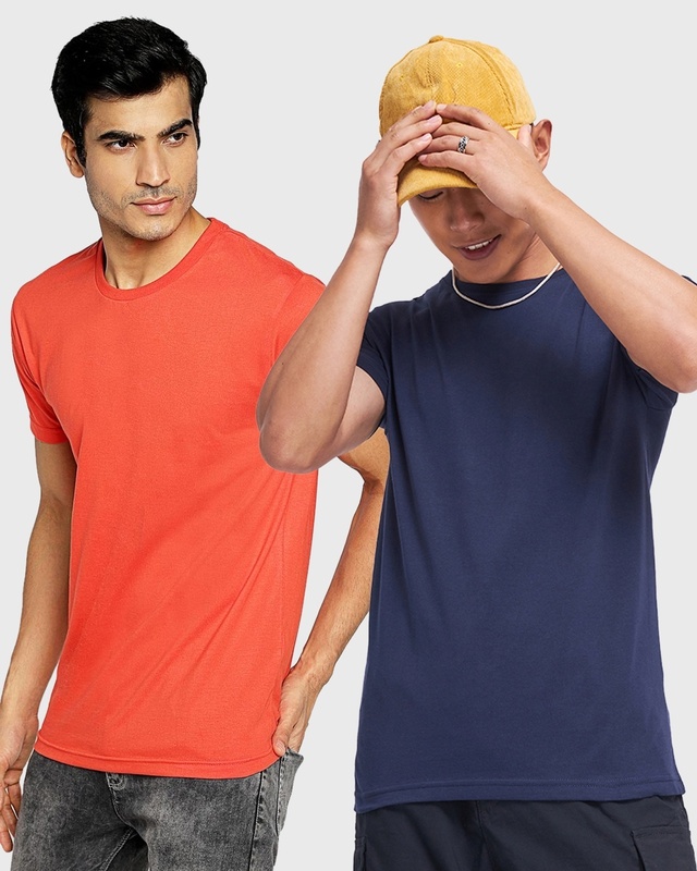 Shop Pack of 2 Men's Navy Blue & Red T-shirt-Front