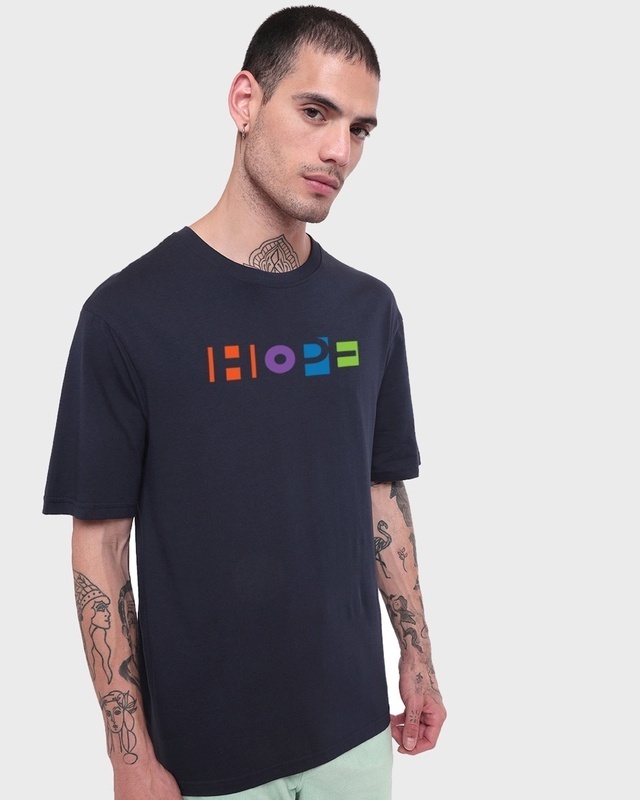 Shop Men's Blue Pop Hope Typography Oversized T-shirt-Front