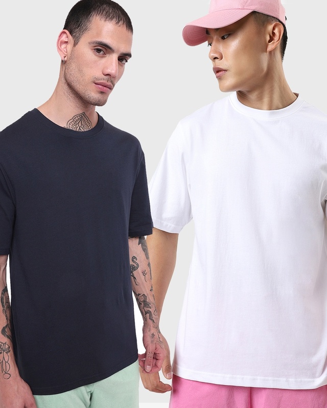 Shop Pack of 2 Men's Navy Blue & White Oversized T-shirt-Front