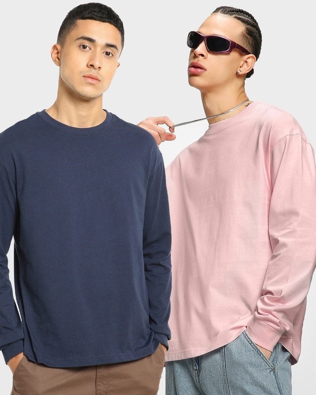 Shop Pack of 2 Men's Navy Blue & Pink Oversized T-shirt-Front