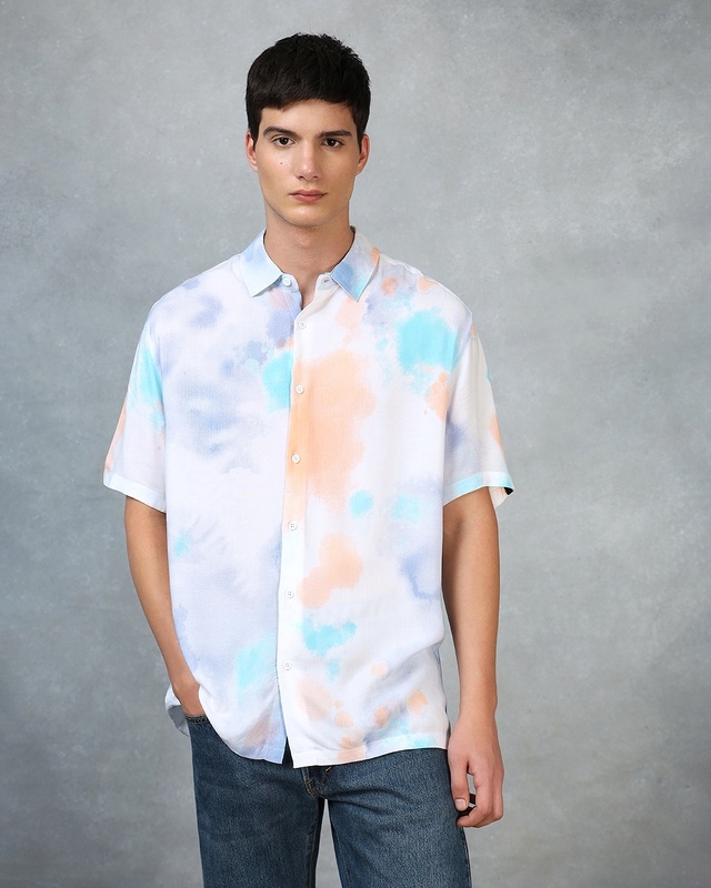 Shop Men's White & Blue Tie & Dye Oversized Shirt-Front