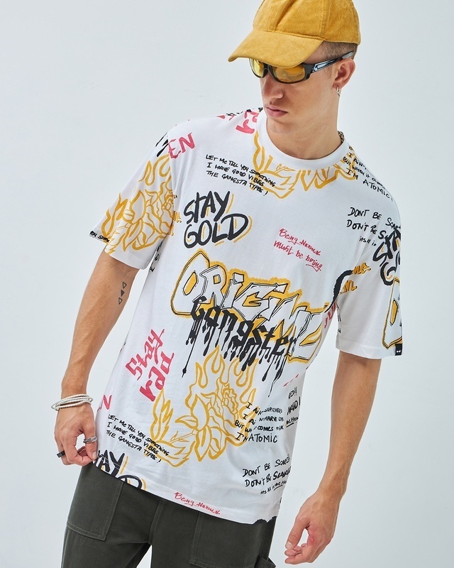 Shop Men's White All Over Printed Oversized T-shirt-Front
