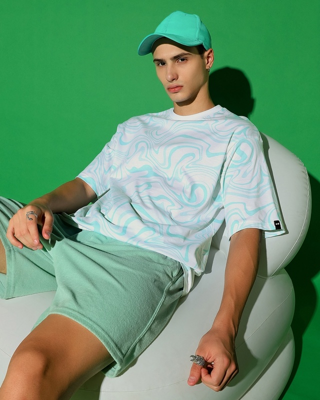 Shop Men's Blue & White All Over Printed Oversized T-shirt-Front