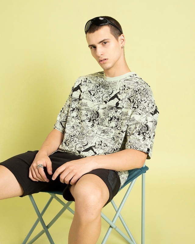 Shop Men's Green & Black All Over Printed Oversized T-shirt-Front