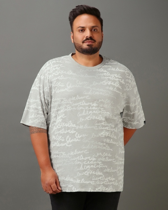 Shop Men's Grey All Over Printed Oversized Plus Size T-shirt-Front